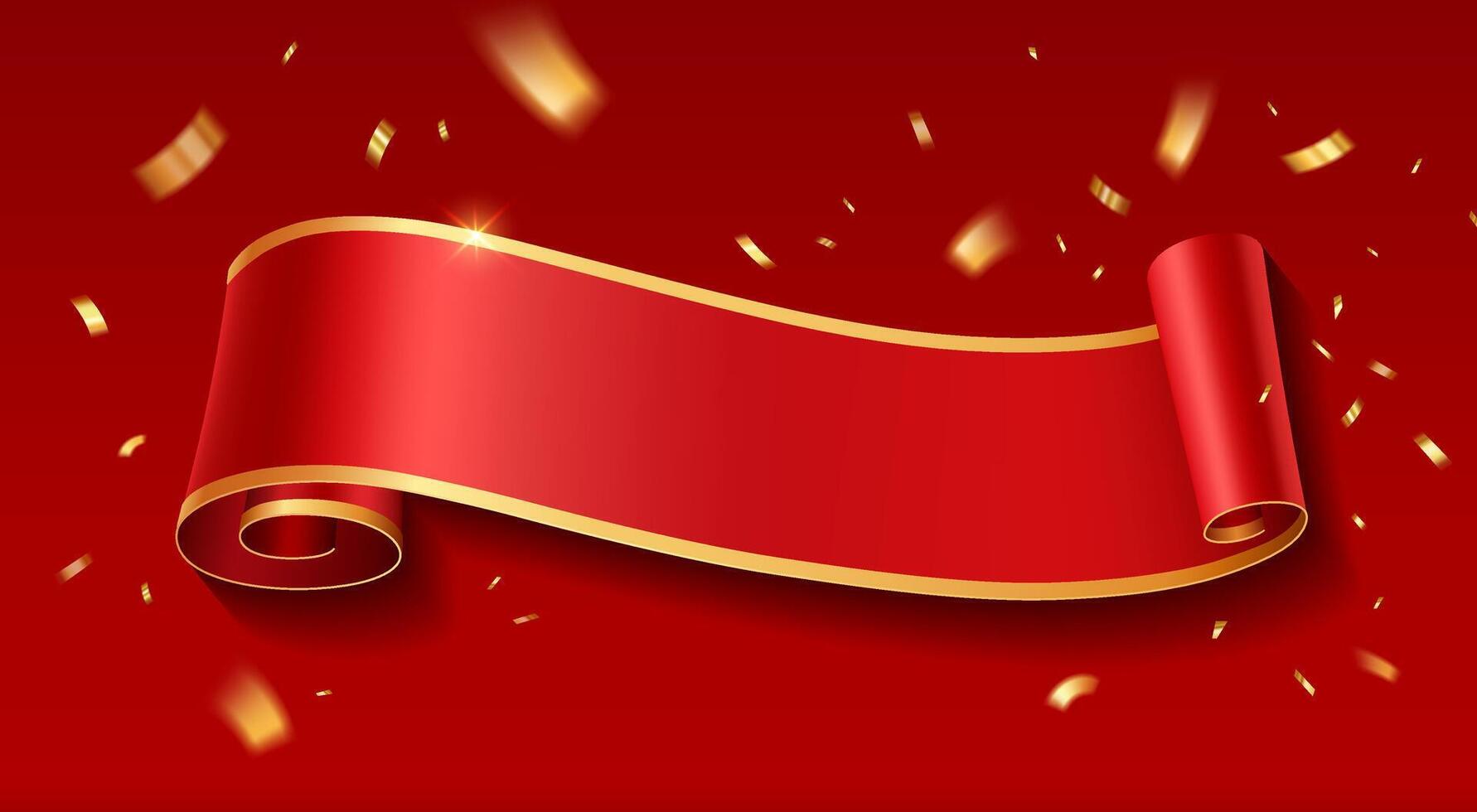 rouge ruban bannière, petit pièces de or ruban en volant, horizontal courbe réaliste sur rouge arrière-plan, eps dix vecteur illustration