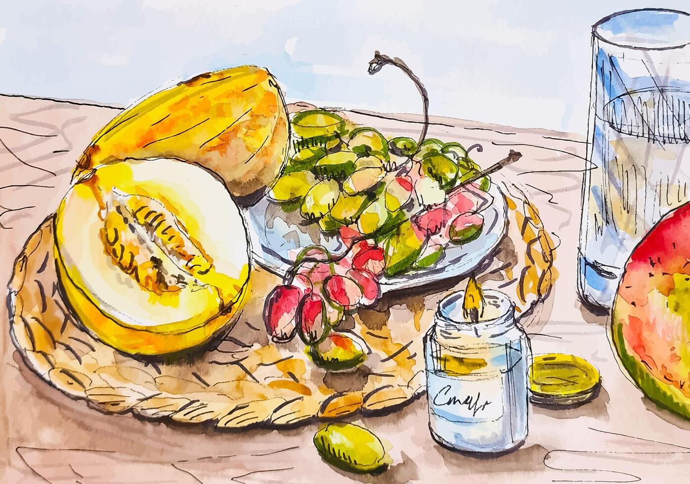 main tiré esquisser des fruits sur le table à le cuisine raisin, melon, mangue aquarelle illustration vecteur