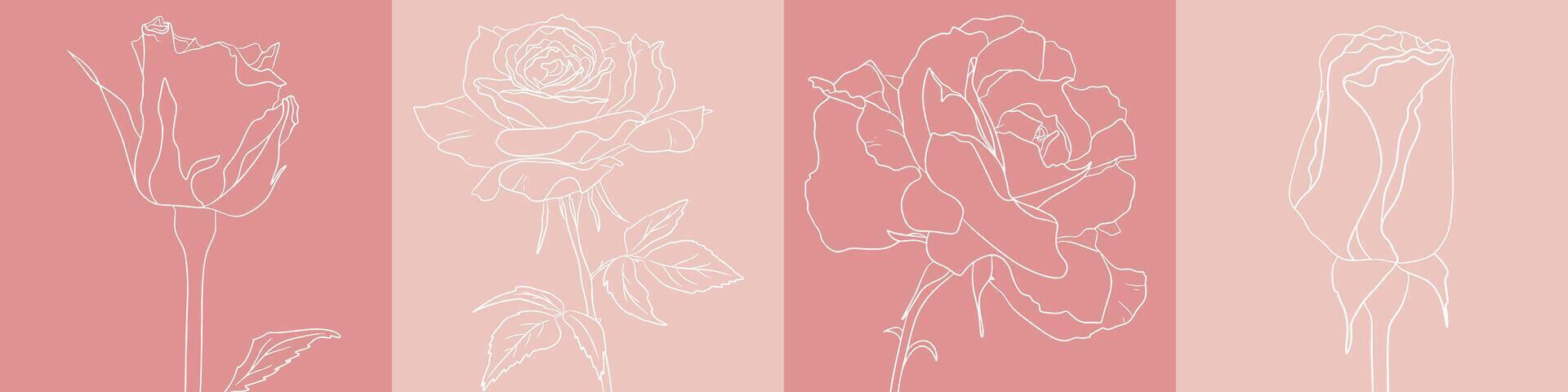 vecteur magnifique fleurs. un ligne dessin de une Rose et une bourgeon sur une Contexte de pastel rose couleurs. minimaliste un ligne illustration pour bannière, carte postale, autocollant