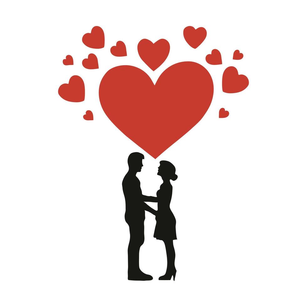 silhouettes de une couple avec flottant cœur formes. vecteur
