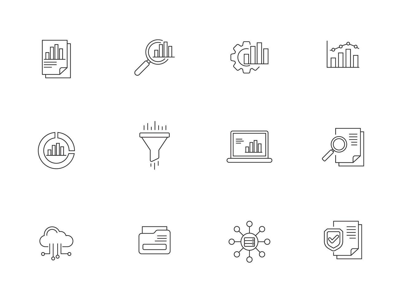 ensemble de Les données et statistiques Icônes dans ligne style sur blanc Contexte vecteur