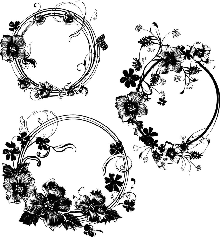 ai généré floral Cadre et couronne élément pour mariage invitation modèle noir Couleur seulement vecteur