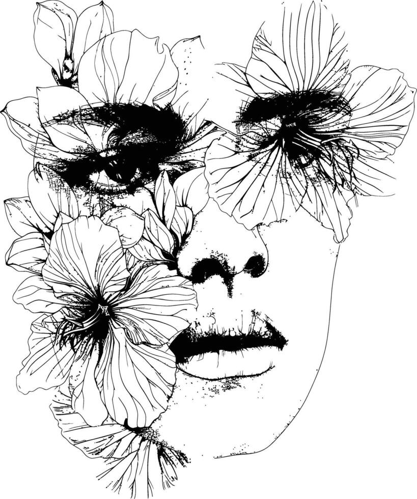 ai généré visage avec fleurs ligne dessin haute définition noir Couleur seulement vecteur
