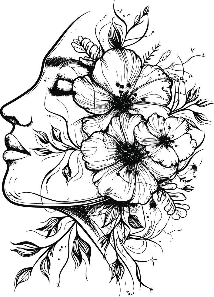 ai généré visage avec fleurs ligne dessin haute définition noir Couleur seulement vecteur