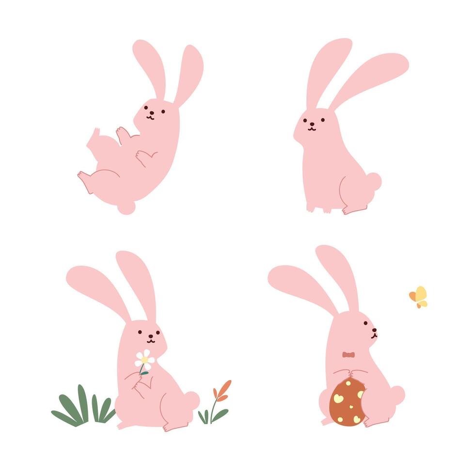 ensemble de mignonne rose lapin dessin animé personnage plat vecteur illustration isolé sur blanc Contexte. content Pâques. mignonne pastel animal personnage.