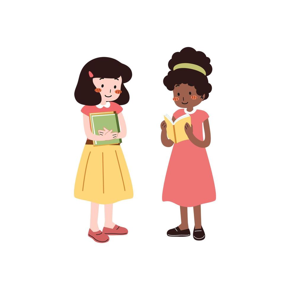 ensemble de mignonne les filles et garçons en train de lire une livre et prendre plaisir en train d'étudier ensemble isolé sur blanc Contexte. monde livre journée concept dessin animé plat vecteur illustration. international l'alphabétisation journée.