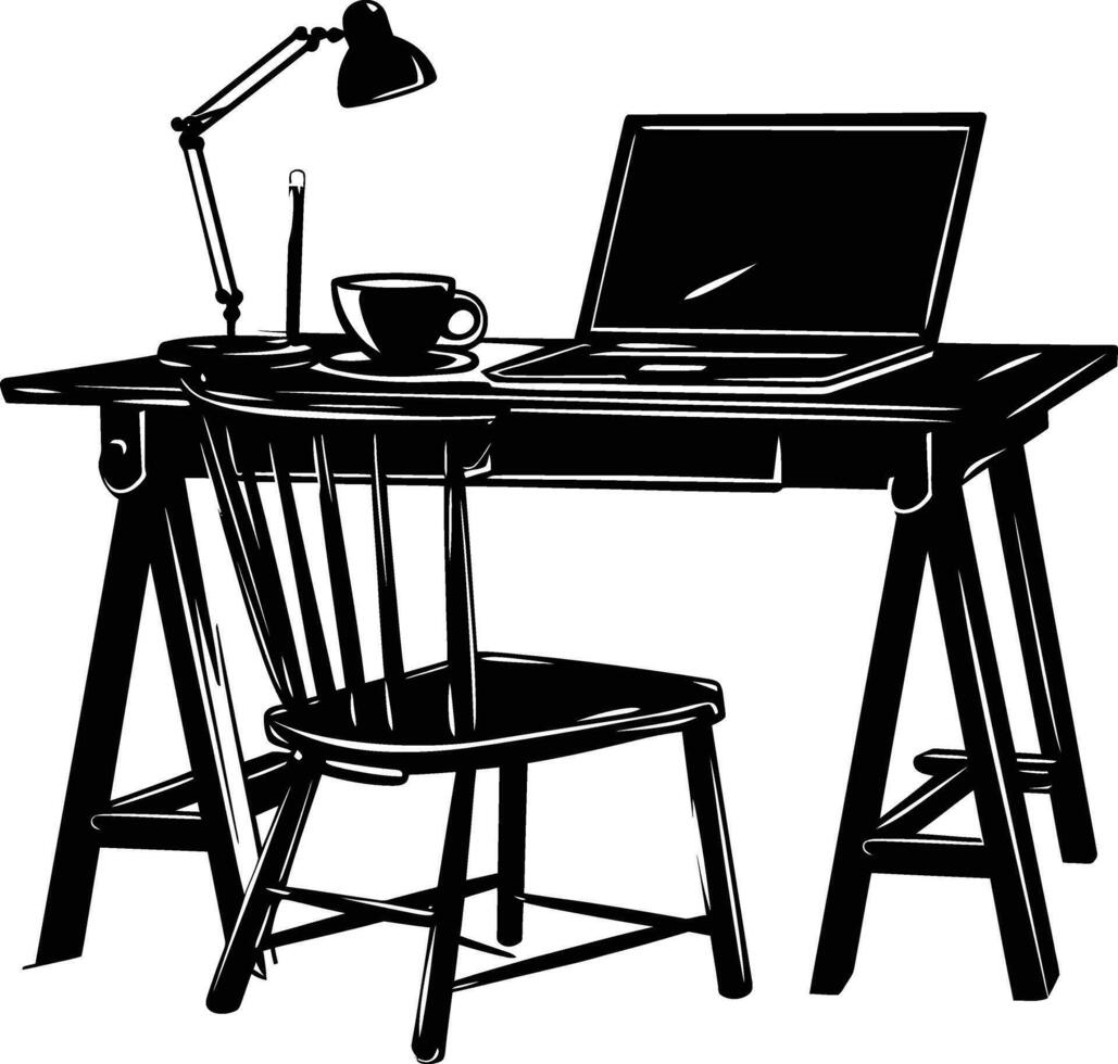 ai généré silhouette Bureau bureau avec portable et café noir Couleur seulement vecteur