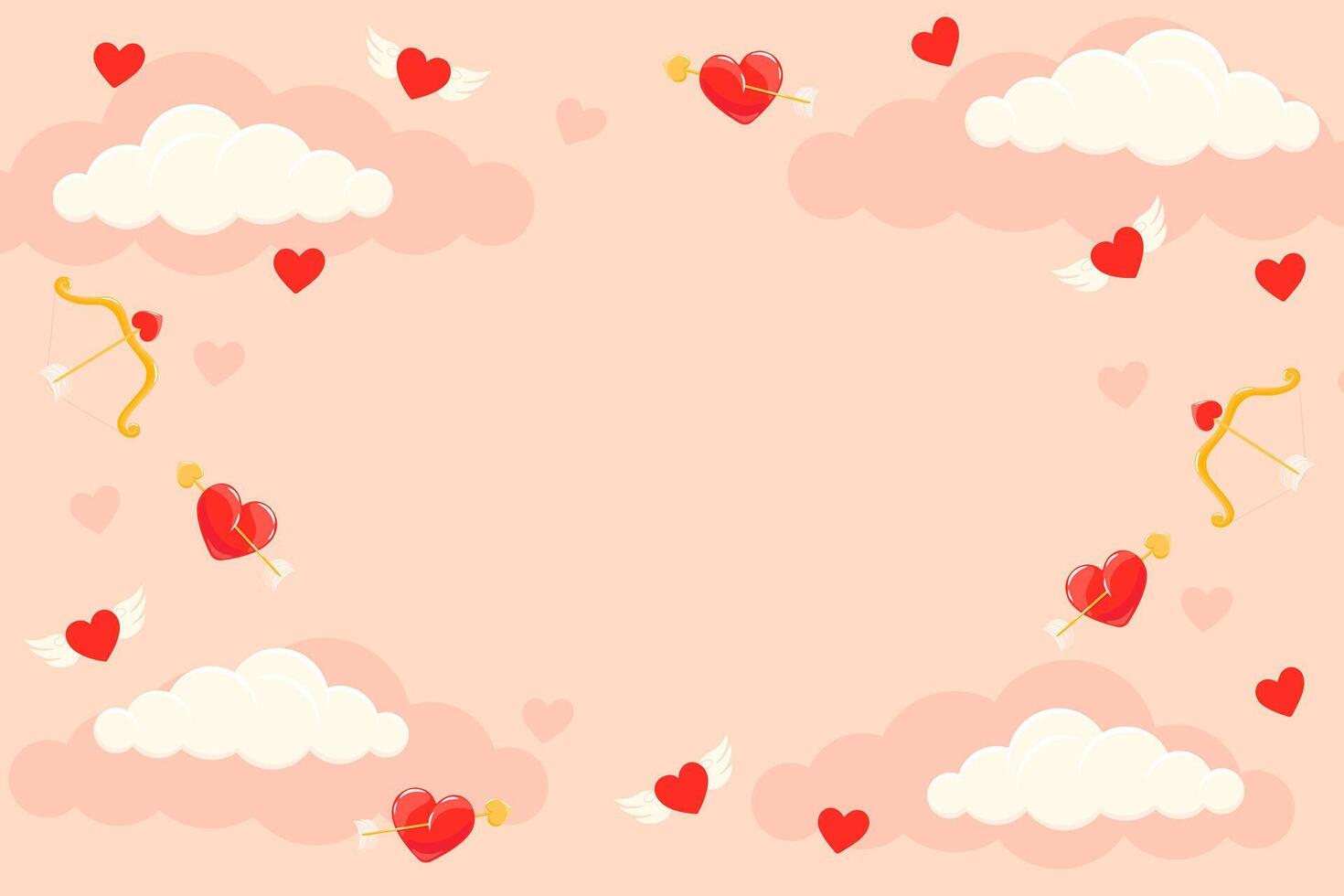 la Saint-Valentin journée Contexte avec en volant cœurs, arc, La Flèche et des nuages. rose vecteur illustration de l'amour. dessin animé élément pour vacances motifs, emballage, dessins