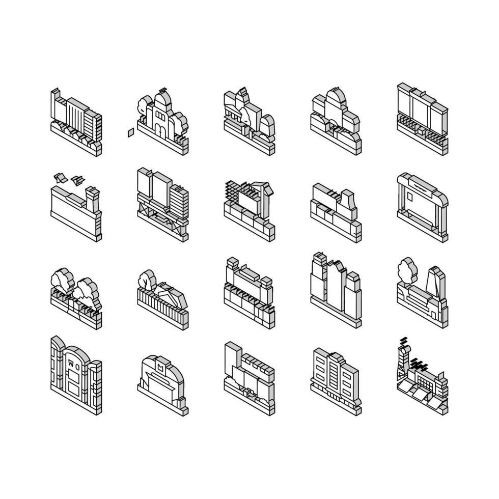 ville construction et paysage isométrique Icônes ensemble vecteur