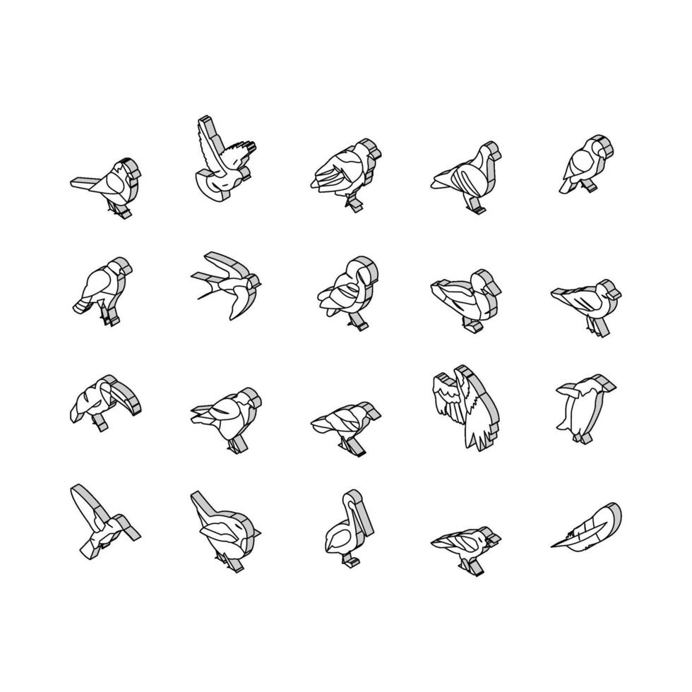 oiseau en volant animal avec plume isométrique Icônes ensemble vecteur