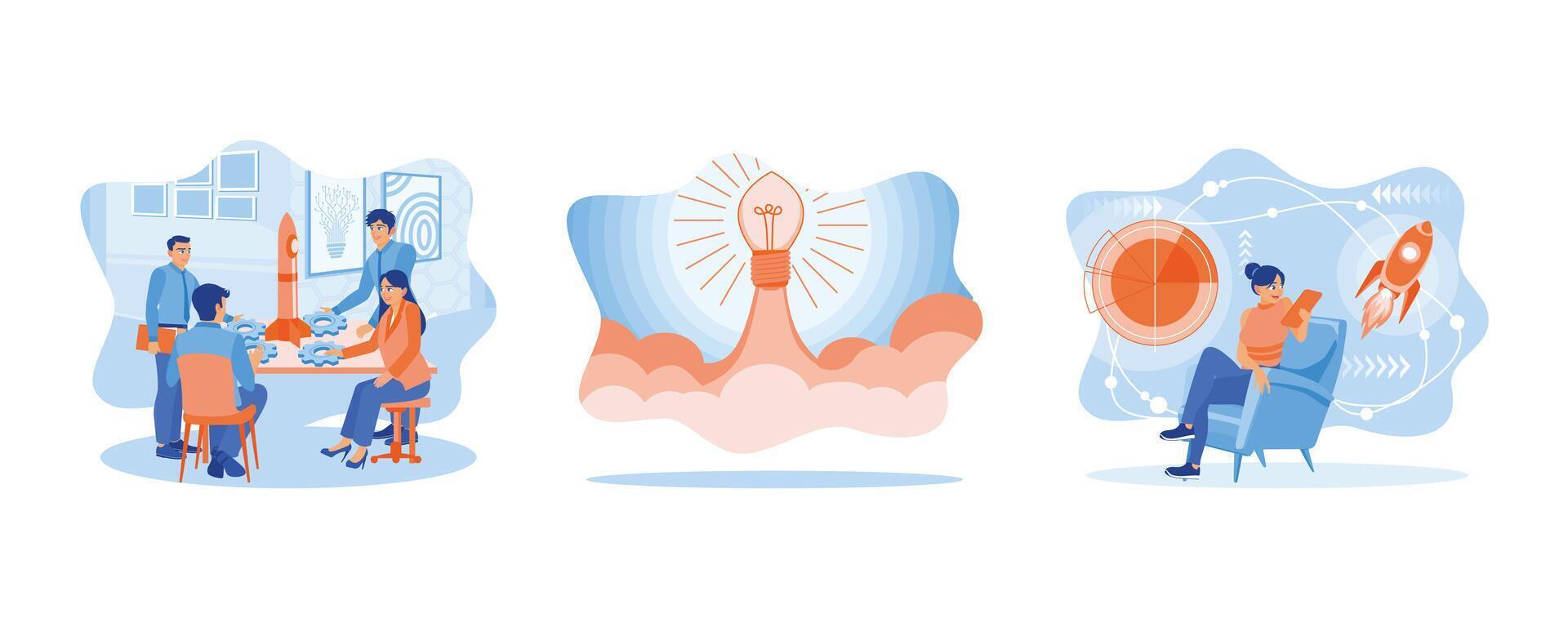 une équipe de entreprise des employés assemble le engrenages autour le fusée. lancement idées. analyser Les données pour Nouveau entreprise. homme d'affaire en portant fusée concept. ensemble plat vecteur illustration.