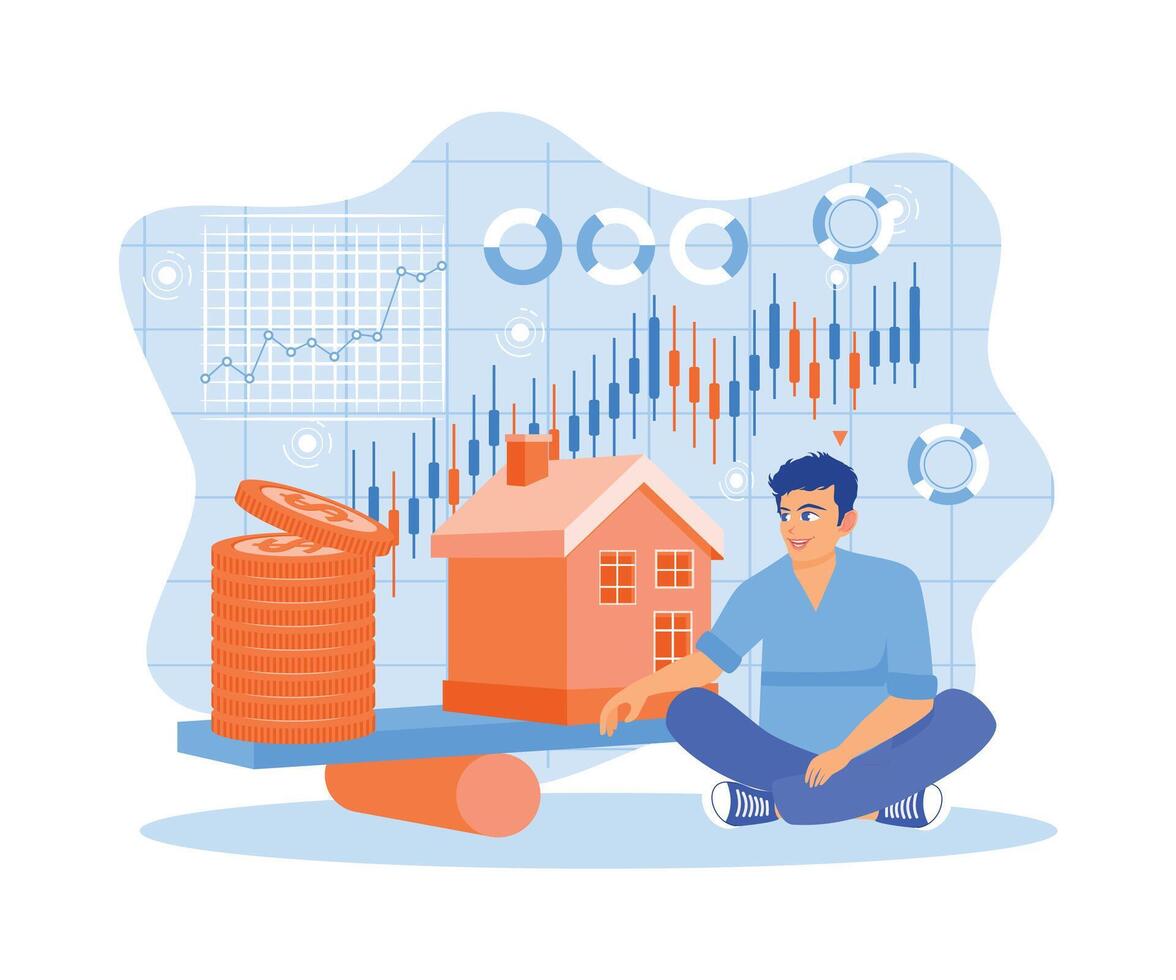 une Jeune homme équilibrage entre une maison modèle et une pile de or pièces de monnaie sur une bascule. maison modèle équilibre équilibre concept. plat vecteur moderne illustration