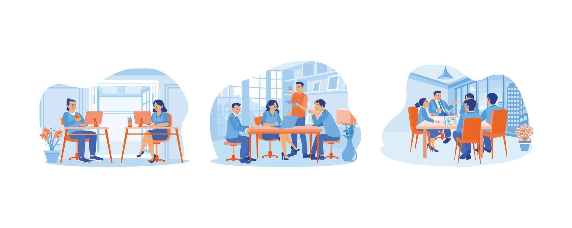le Créatif directeur a deux les partenaires dans le bureau. affaires équipe réunion dans bureau. discuter travail. équipe de gens séance à bureau avec ordinateurs portables ensemble plat vecteur illustration.