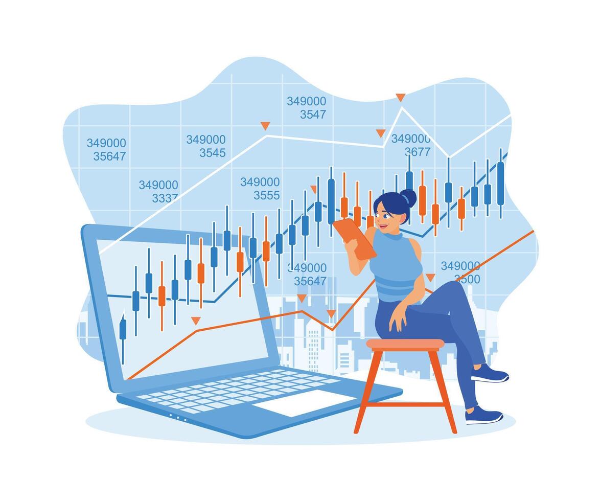 courtier investisseurs analyser indices. femelle Commerçant analystes examiner Stock marché commerce indices. Stock commerce concept. plat vecteur illustration.