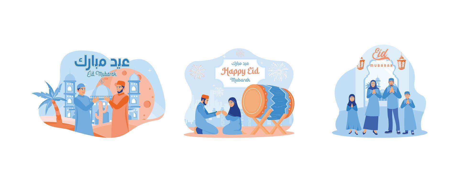 célébrer eid Al fitr et pardonner chaque autre. homme et femme séance sur le sol. accueillant eid al-fitr avec joie. content eid mubarak concept. ensemble plat vecteur illustration.