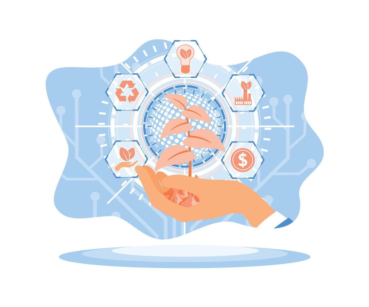 le homme main est en portant le arbre plantation et esg icône. durable économique croissance avec renouvelable énergie et Naturel Ressources concept. plat vecteur illustration.