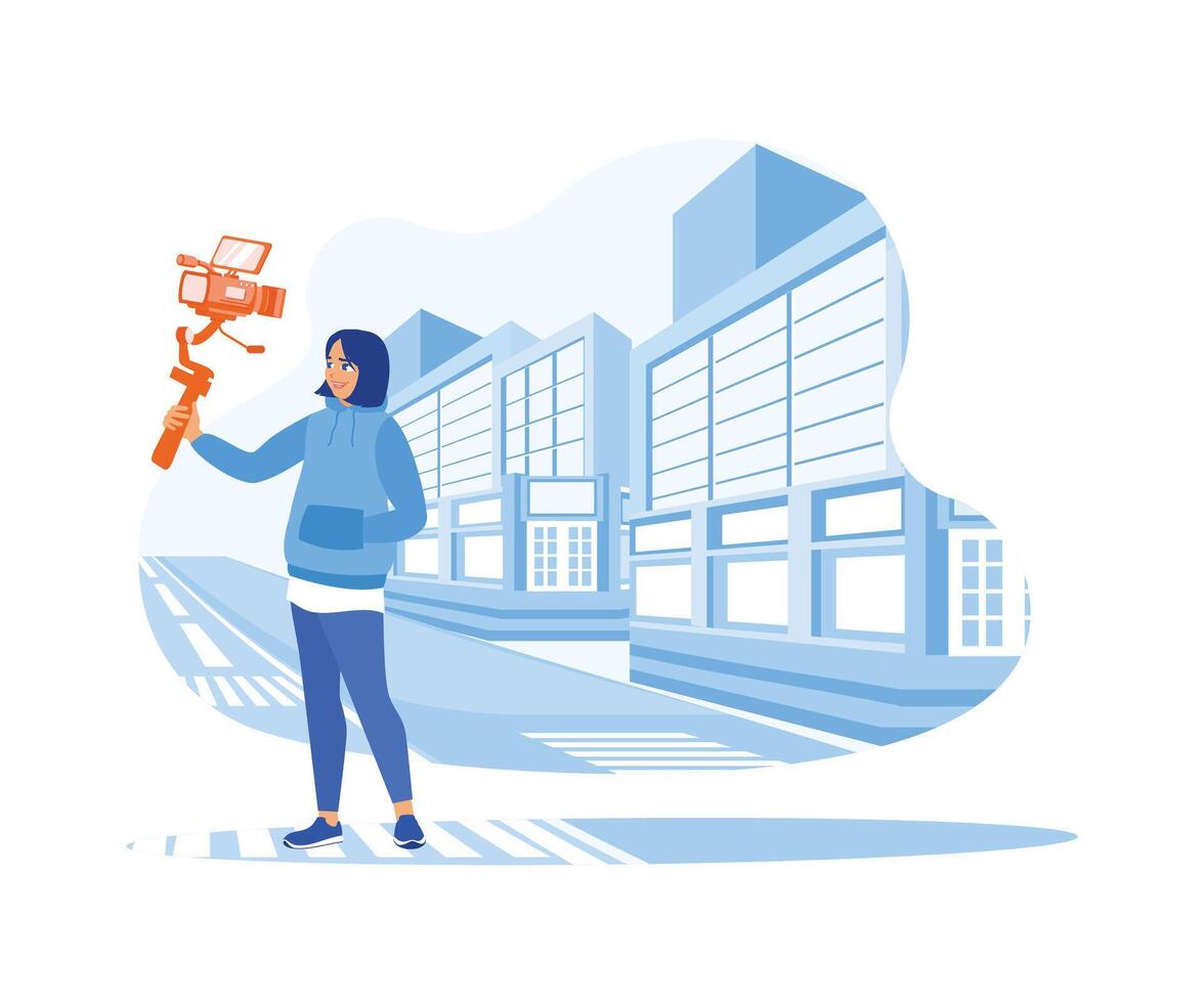 en utilisant une caméra, une Jeune femme est enregistrement sa périple par une ville rue. femme prise vidéo sur caméra pour vlog. contenu créateur concept. plat vecteur illustration.