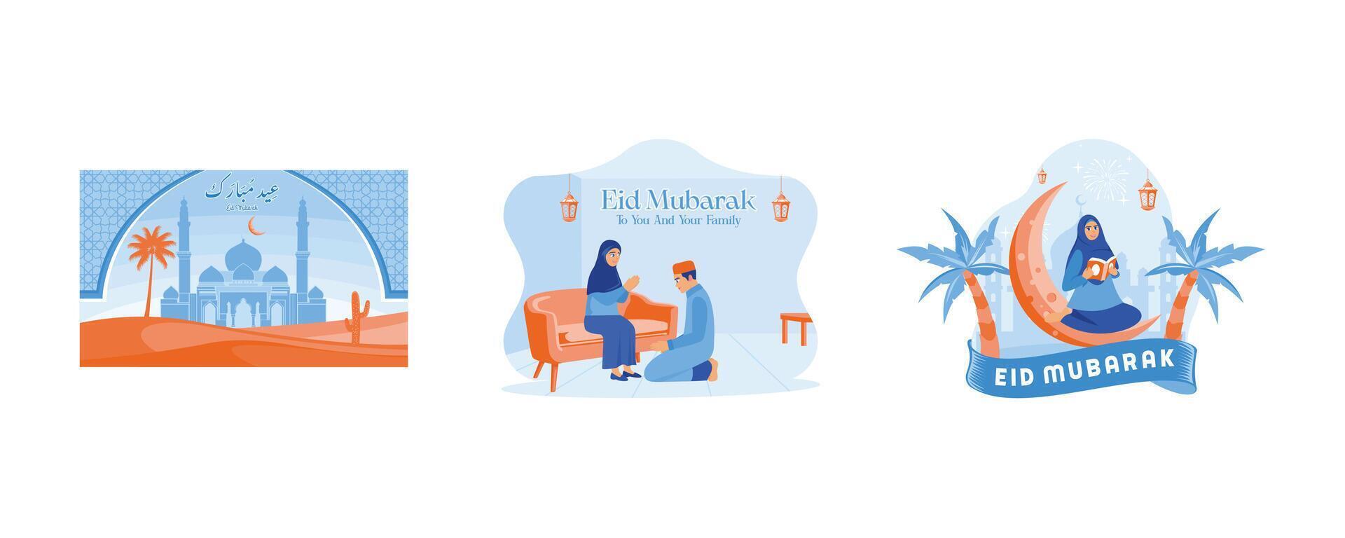 content eid Al fitr. le fils s'excuse à le mère dans le maison. étude et lis le coran. content eid mubarak concept. ensemble plat vecteur illustration