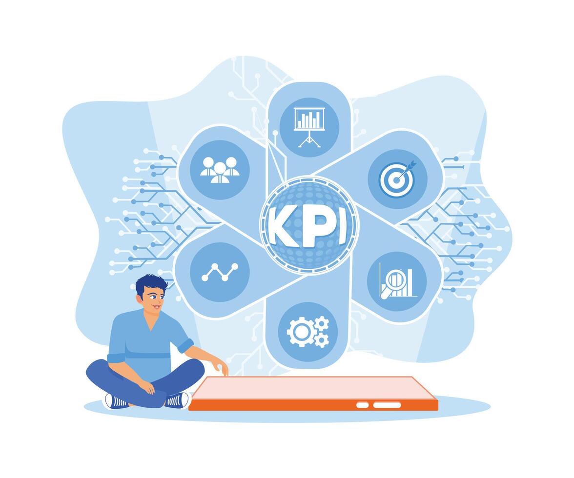 homme les usages une tablette à accès affaires et La technologie concepts. le kpi icône apparaît sur le filtrer. intelligent kpi concept. plat vecteur moderne illustration