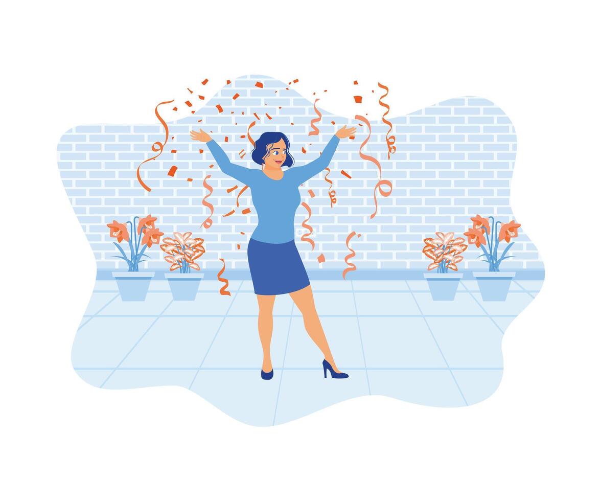 Jeune femme célébrer anniversaire. femmes avec de fête confettis servir comme décorations. fête concept. plat vecteur illustration.