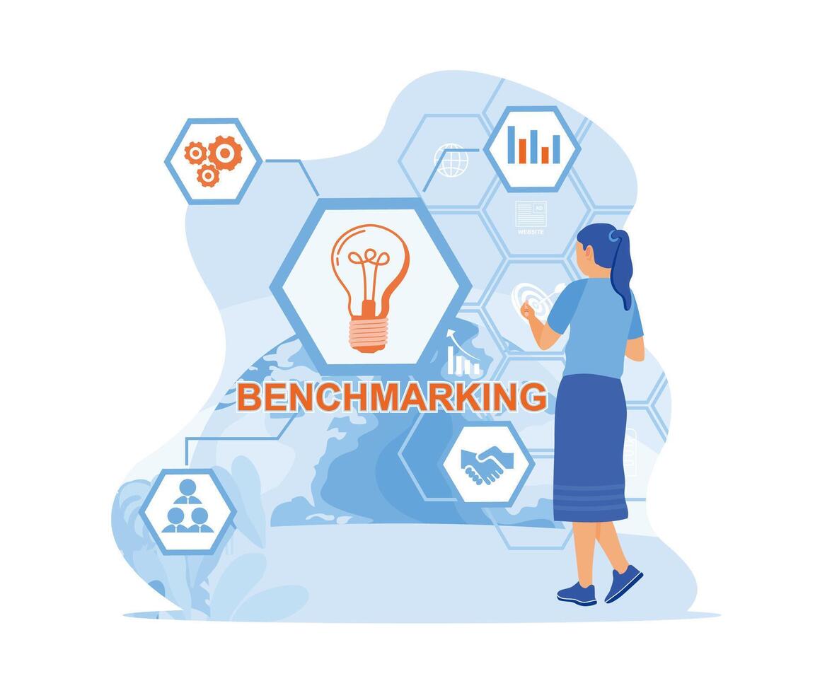 Jeune femme analyses et remue-méninges affaires des idées pour le de l'entreprise Nouveau projet. analyse comparative concept. plat vecteur moderne illustration