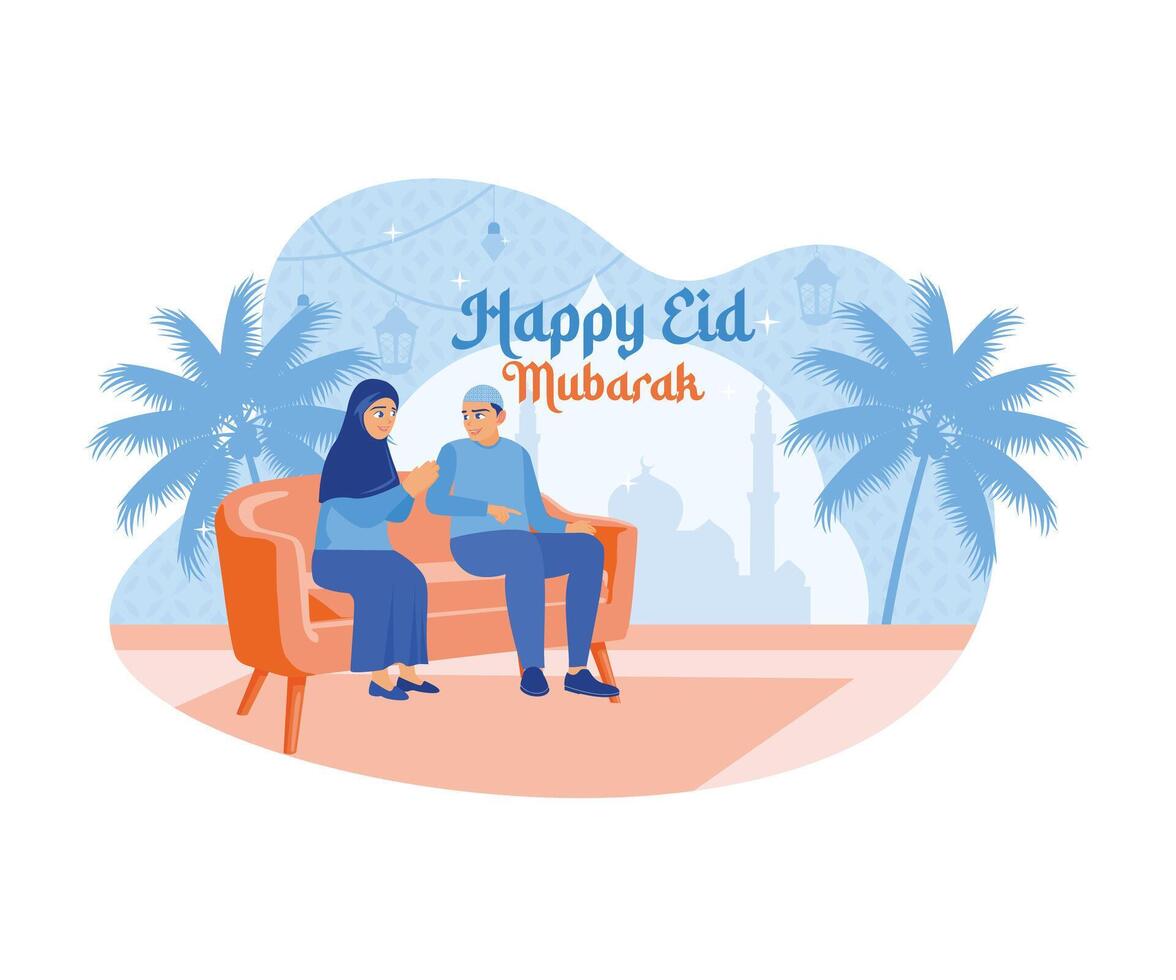 musulman couple séance sur le canapé à l'intérieur le maison. accueillant et célébrer eid Al fitr Heureusement. content eid mubarak concept. plat vecteur moderne illustration
