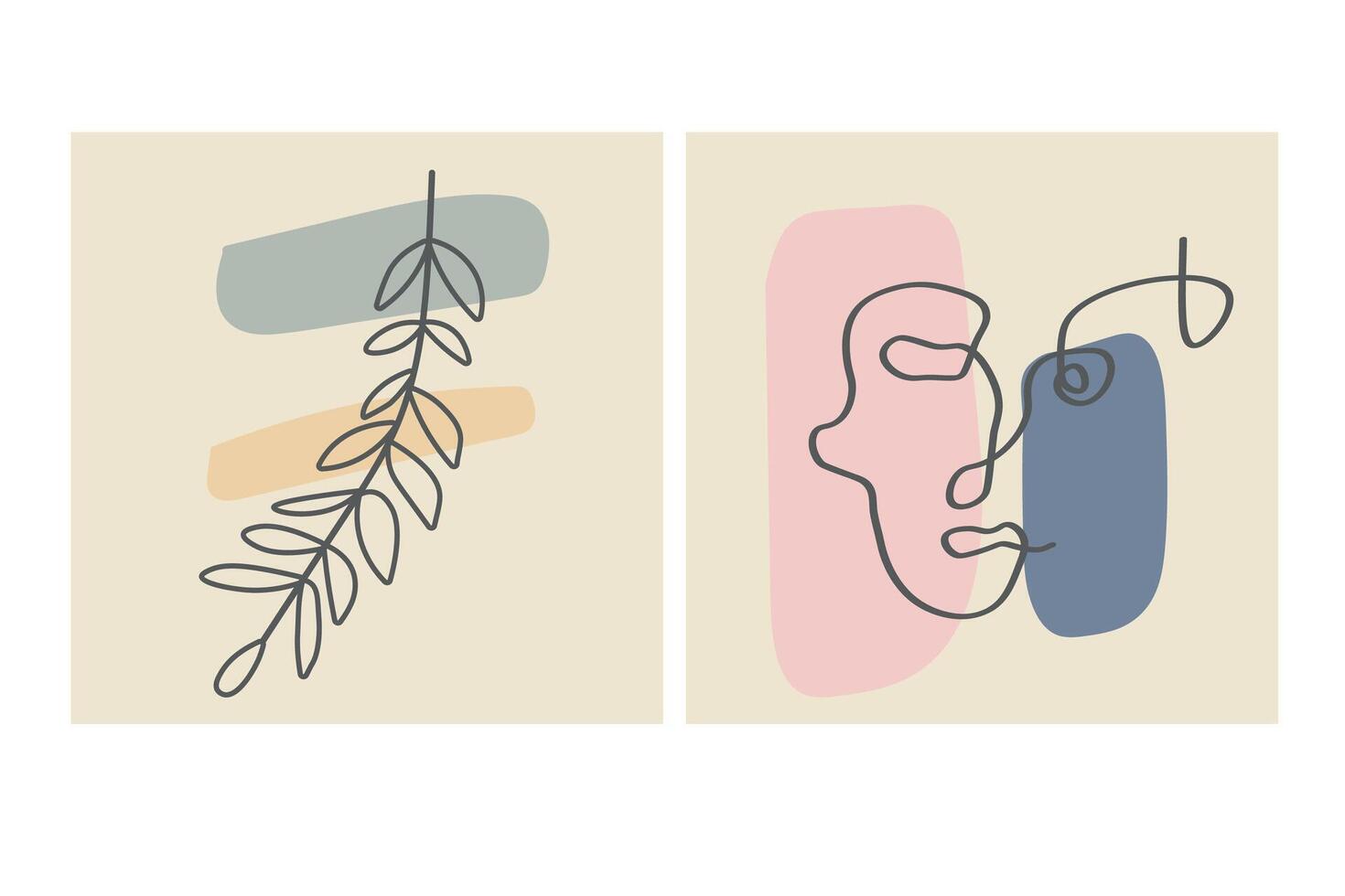 divers visages, feuilles et formes abstraites. illustrations vectorielles contemporaines sur fond de couleur. ligne, concept élégant minimaliste. parfait pour les médias sociaux, les cartes, les cartes postales. vecteur