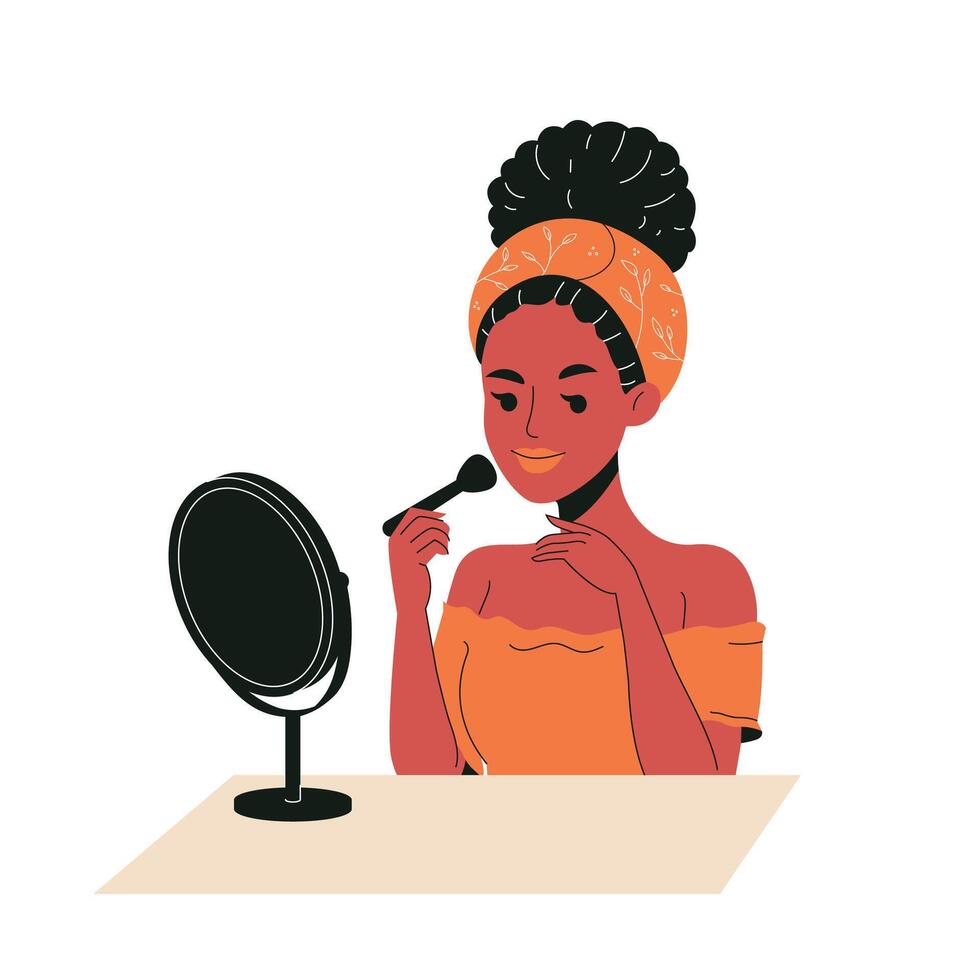 afro américain Dame Faire maquillage dans de face de une petit miroir vecteur
