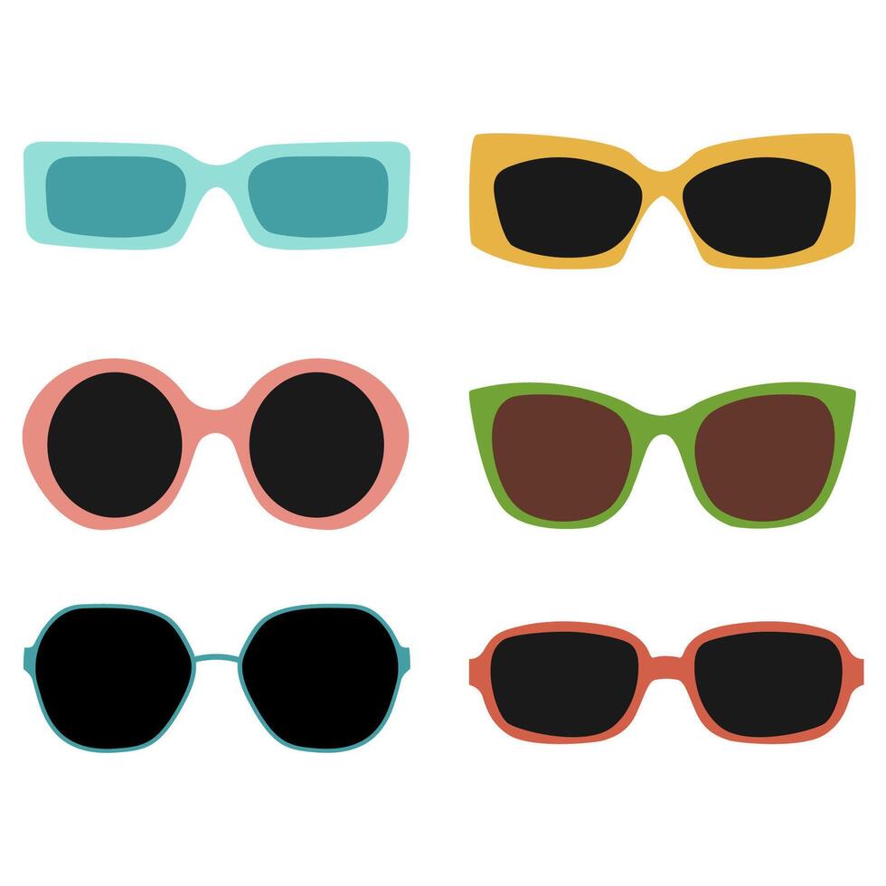 ensemble de différent à la mode des lunettes de soleil. collection de isolé moderne et ancien accessoires pour vision et protection de ensoleillement vecteur