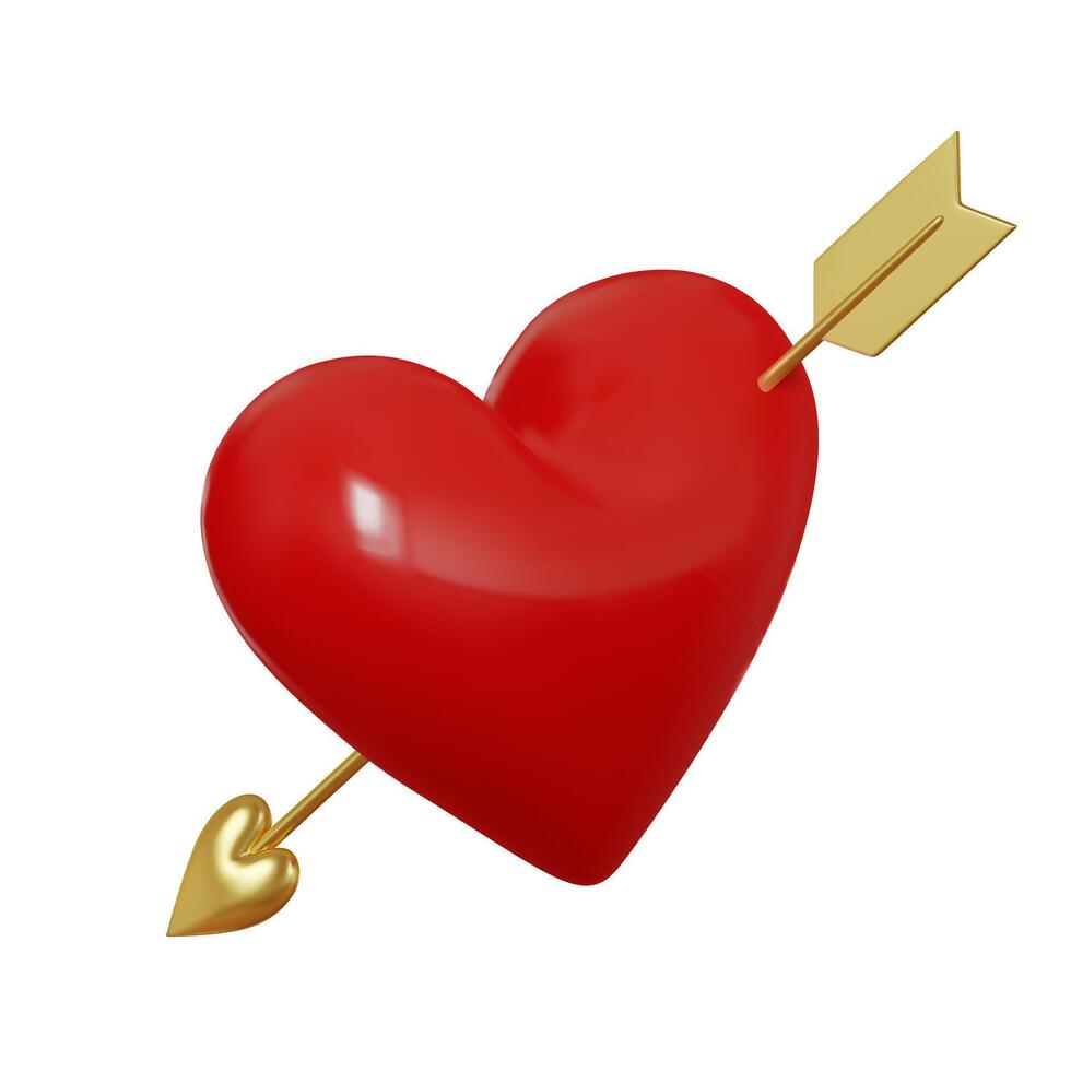 3d rouge brillant cœur avec d'or La Flèche dans perspective. symbole de l'amour. valentines journée carte. réaliste 3d isolé sur blanc Contexte. vecteur illustration