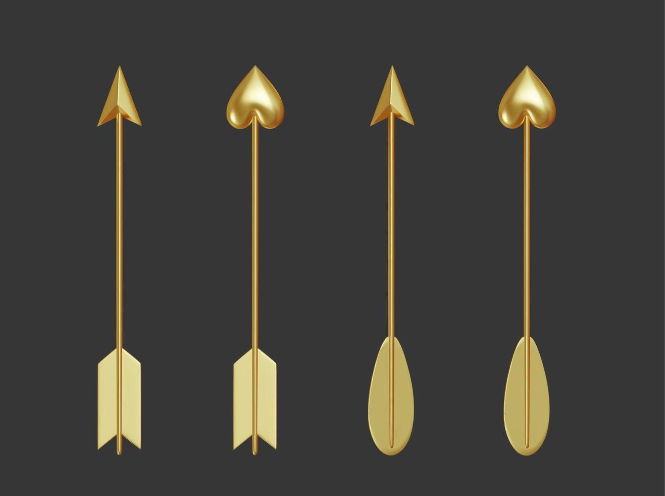 ensemble de d'or flèches montrer du doigt droite en haut, le pointe dans forme de cœur et cône. valentines journée carte. réaliste 3d icône isolé sur gris Contexte. vecteur illustration