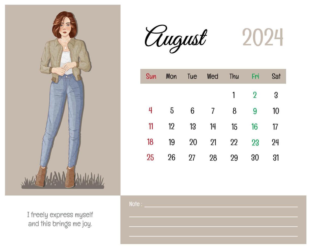 imprimable calendrier août 2024 avec fille illustration et affirmations pour soi vecteur