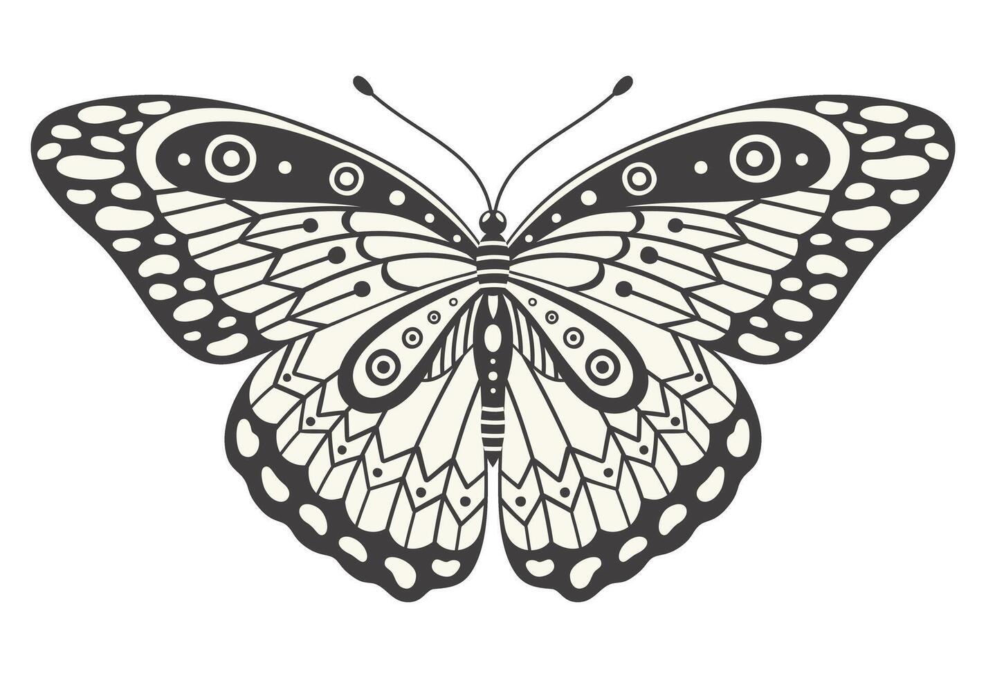 monarque papillon, vecteur illustration. y2k style esthétique, aile formes dans de face voir, une la magie ornemental symbole. noir et blanc monochrome élément, tatouage graphique impression avec modèle
