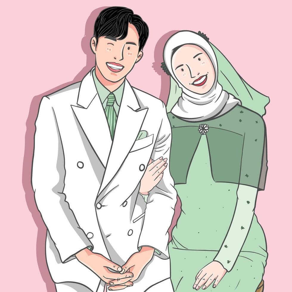 mignonne personnage vecteur illustration de une marié couple portant une hijab, inspiré par une musulman couple portant menthe vert vêtements
