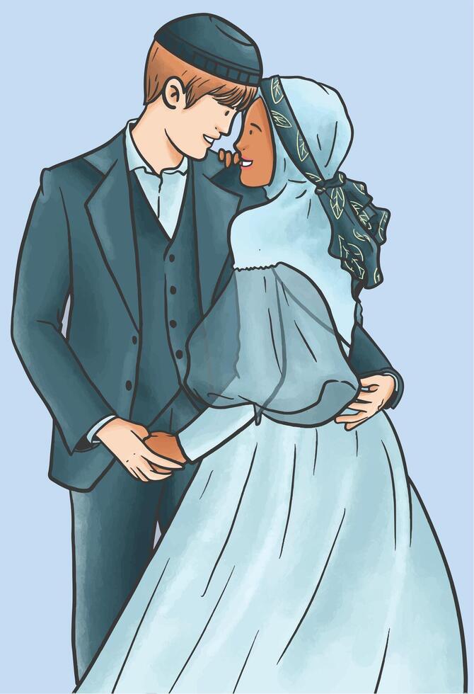 vecteur illustration de une mignonne musulman mariage couple avec Facile bleu images