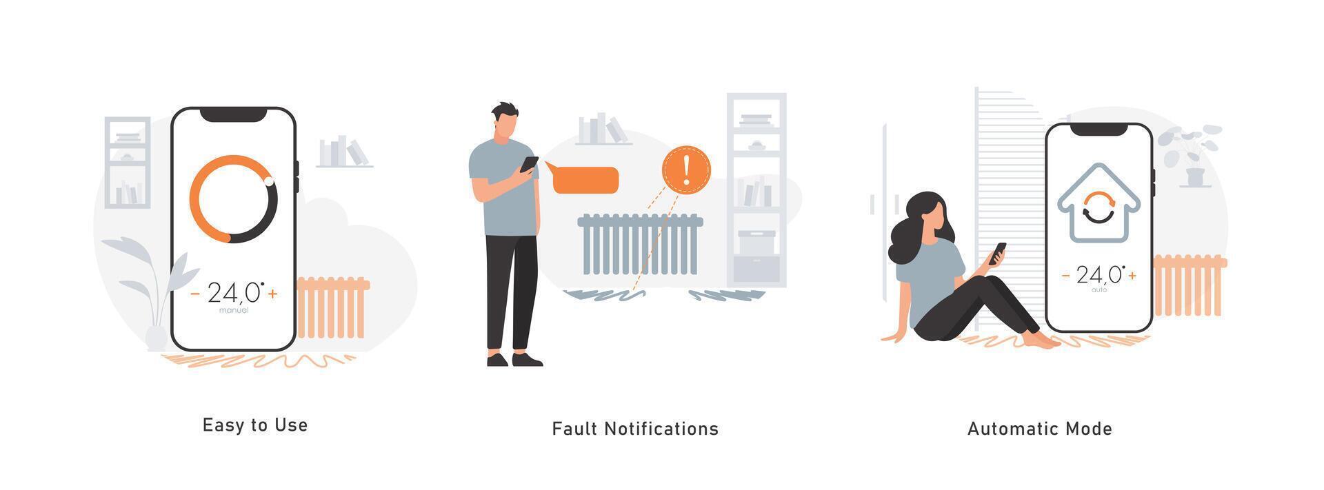 l'intégration diapositives pour le Accueil chauffage système application. le sujet de contrôler sous-sol chauffage et radiateurs dans un appartement. facile contrôle, notification système et automatique mode. vecteur