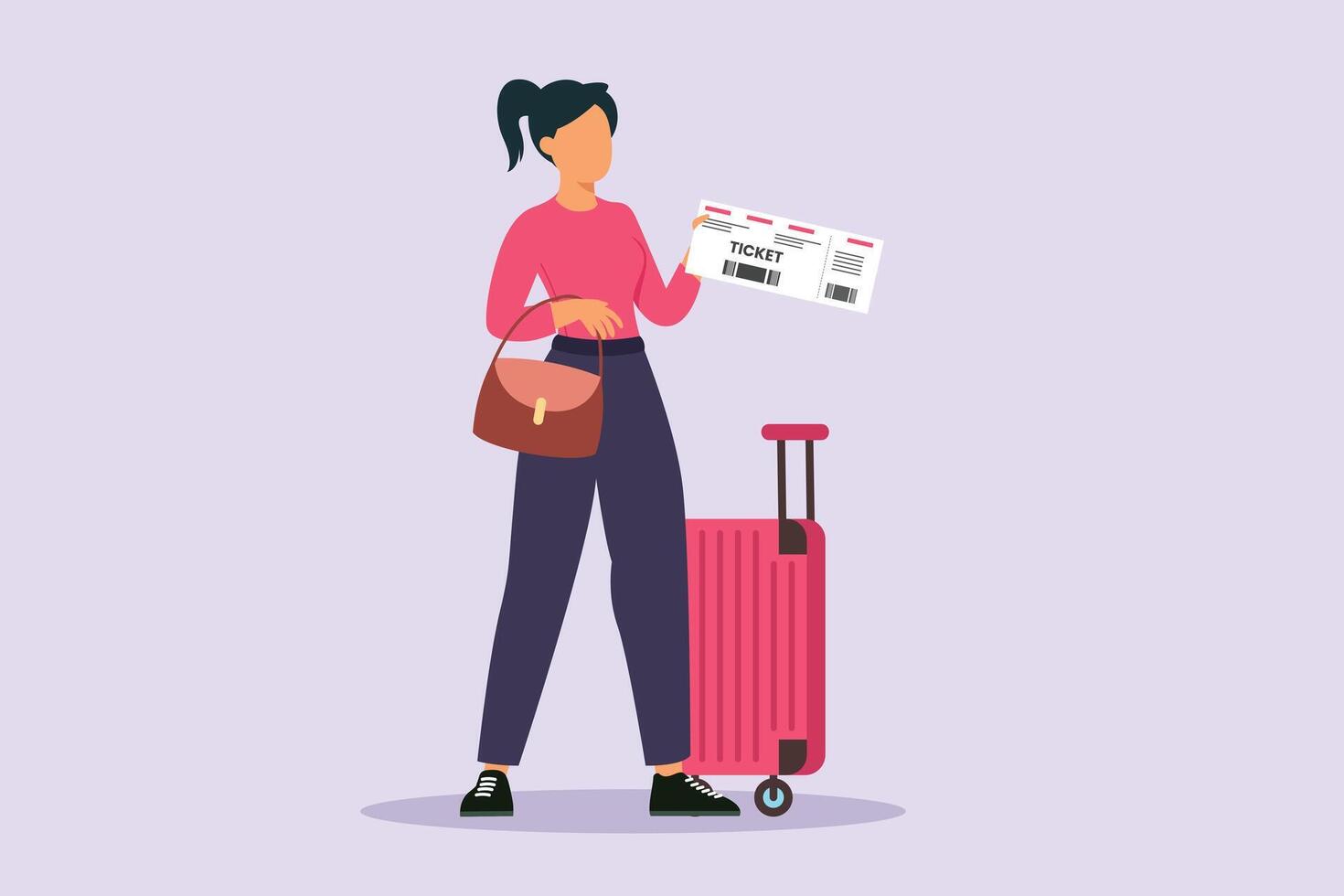 content femme avec en voyageant les valises. en voyageant avec sac ou valise concept. coloré plat vecteur illustration isolé.