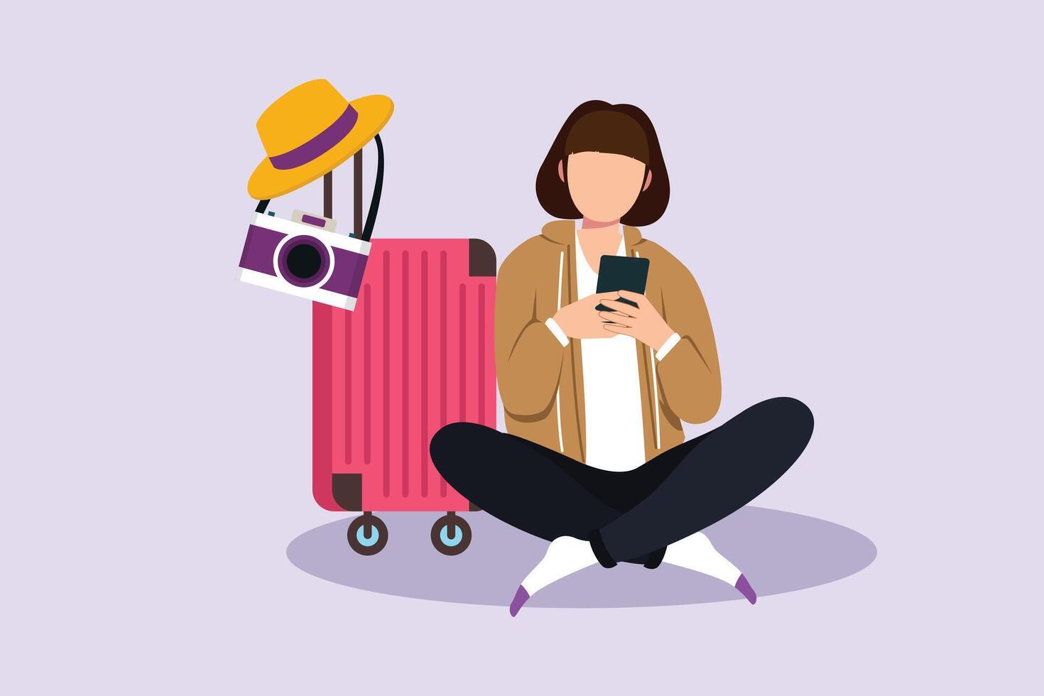 femme séance en utilisant téléphone intelligent avec caméra et chapeau. en voyageant avec sac ou valise concept. coloré plat vecteur illustration isolé.
