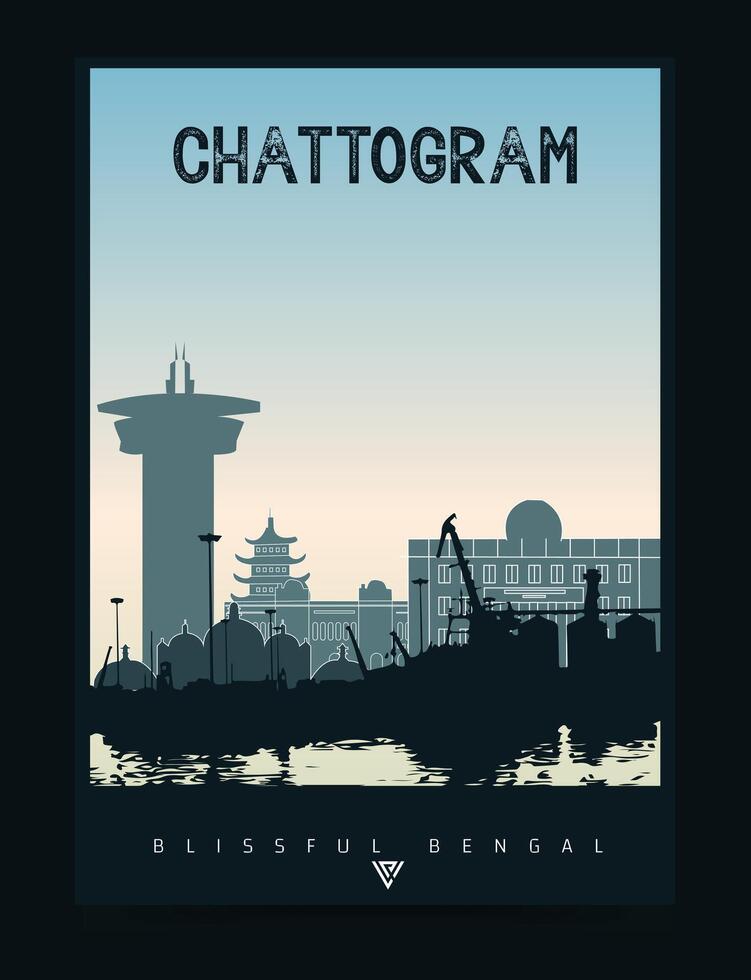 chatogramme ville affiche illustration. autour le monde, paysage urbain et horizon ancien affiche art de chatogramme ville avec port de mer. vecteur