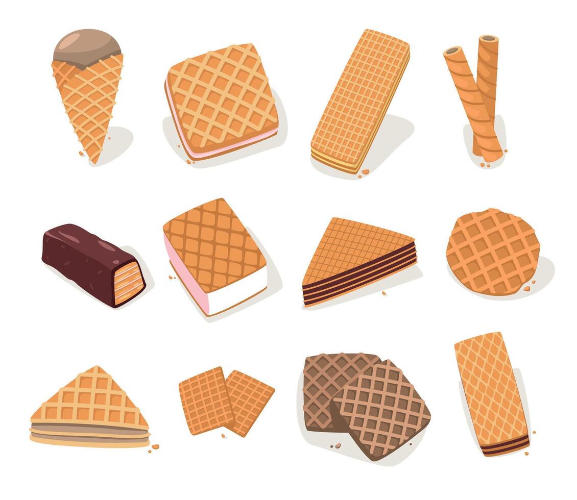 gaufre formes. dessin animé tranche des biscuits et Gâteaux différent formes, délicieux sucré rôti collation, savoureux croustillant boulangerie nourriture plat style. vecteur isolé ensemble