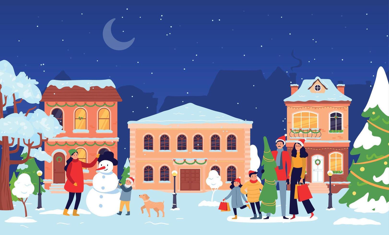 Noël ville, vieux ville rue avec personnes, Nouveau année hiver vacances vecteur