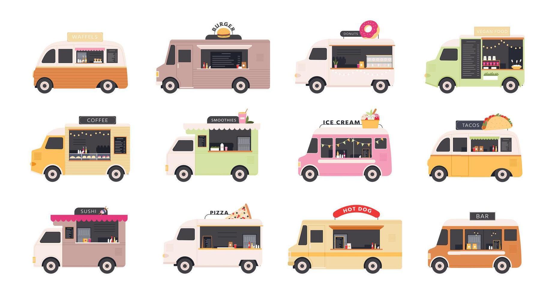 nourriture camions. van voitures vente rue vite nourriture, pizza, Burger, café, Donut et la glace crème. restaurant sur roues Festival plat vecteur ensemble