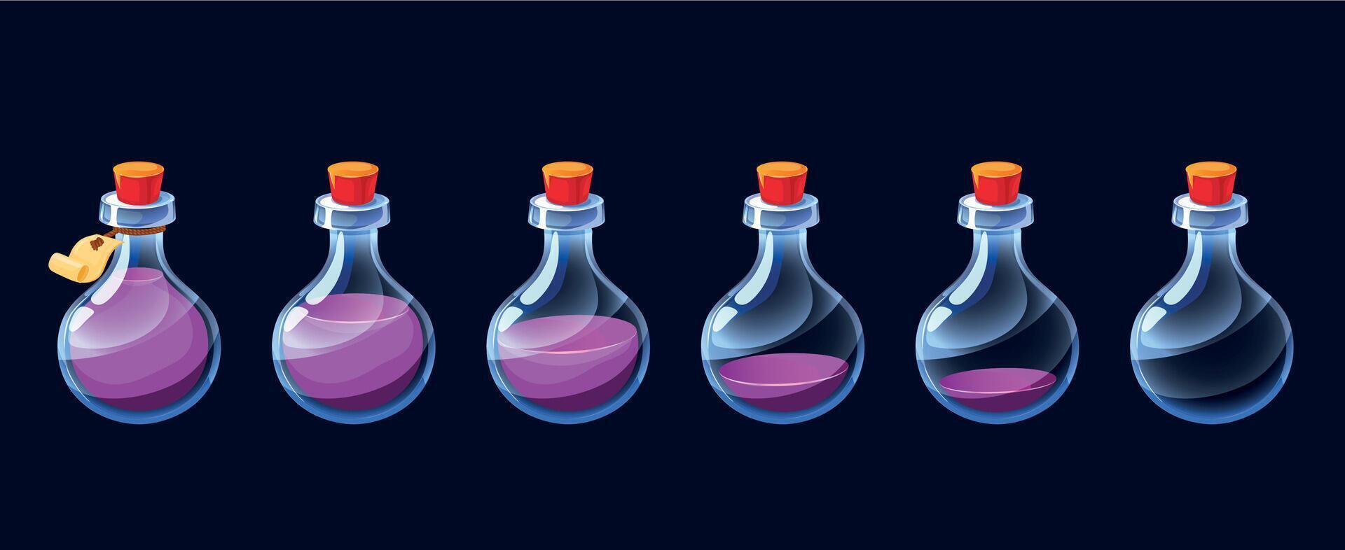 vide potion ballon. dessin animé Jeu élixir usage séquence icône actif, coloré la magie potion animation cadres trousse. vecteur poison et antidote pictogrammes ensemble