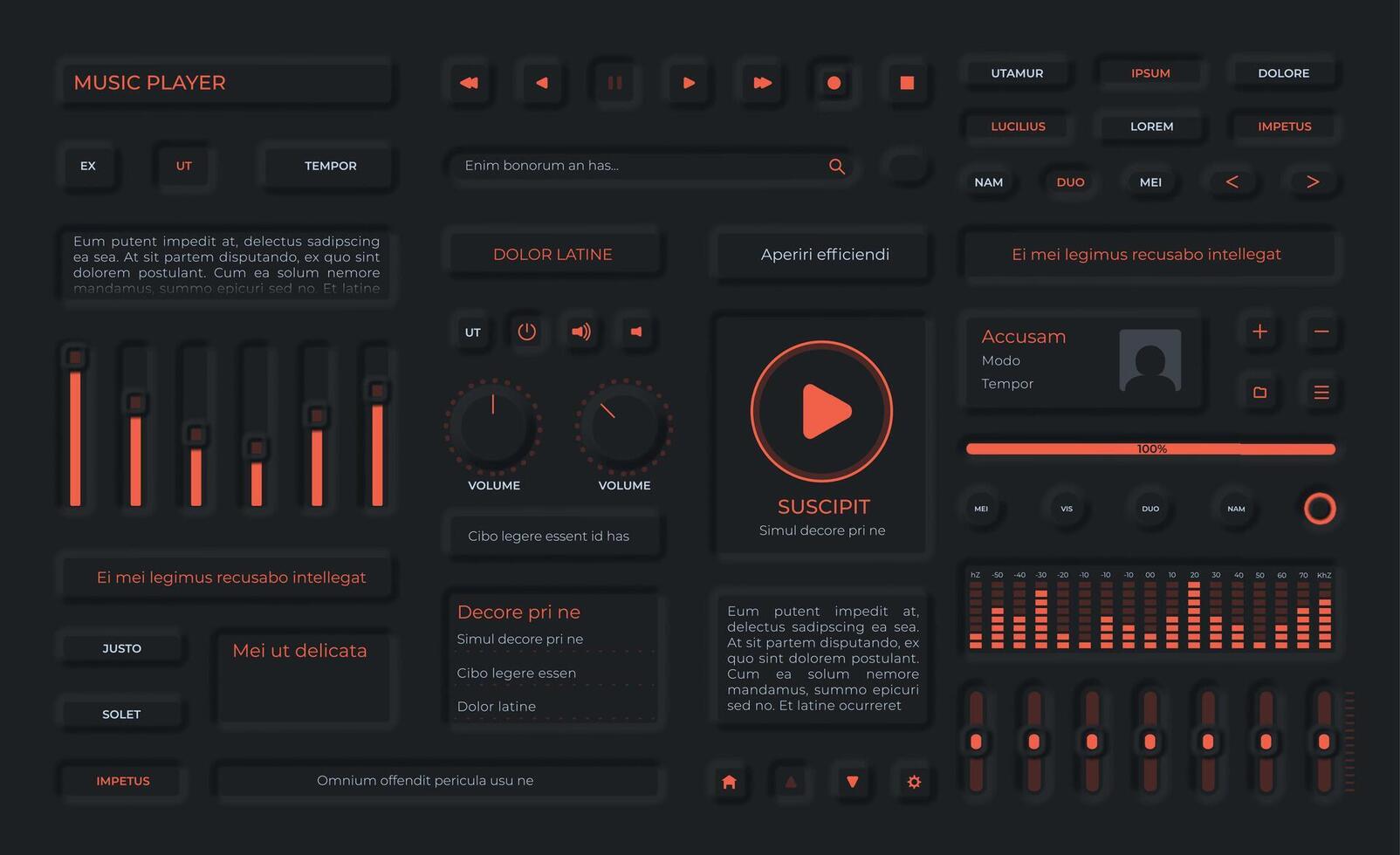 neumorphisme boutons, playlist menu, Icônes et le volume curseurs pour la musique application. l'audio joueur utilisateur interface éléments dans noir conception vecteur ensemble