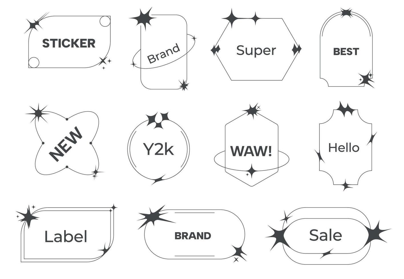 y2k ligne Étiquettes. contour linéaire autocollants avec ancien rétro Années 70 Années 80 style, minimaliste branché badge cadres avec message et offre. vecteur ensemble