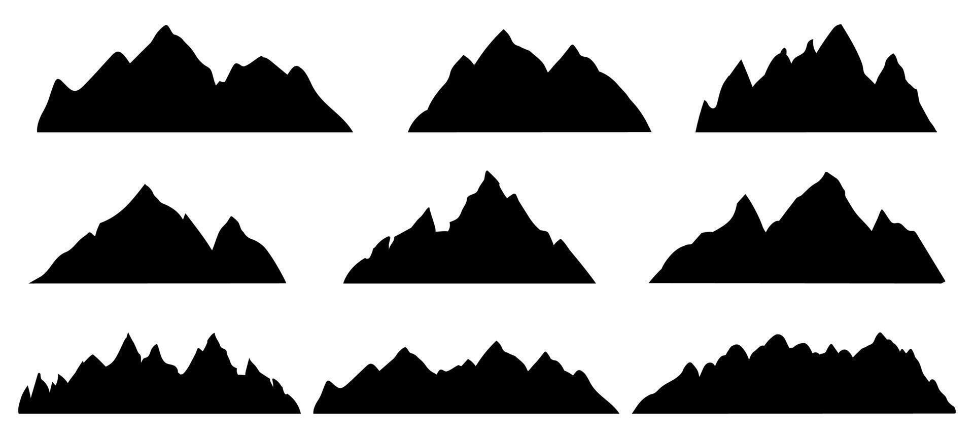 Montagne silhouette. rocheux intervalle paysage forme. randonnée montagnes pics, collines et falaises. escalade pierre monter abstrait contour vecteur ensemble