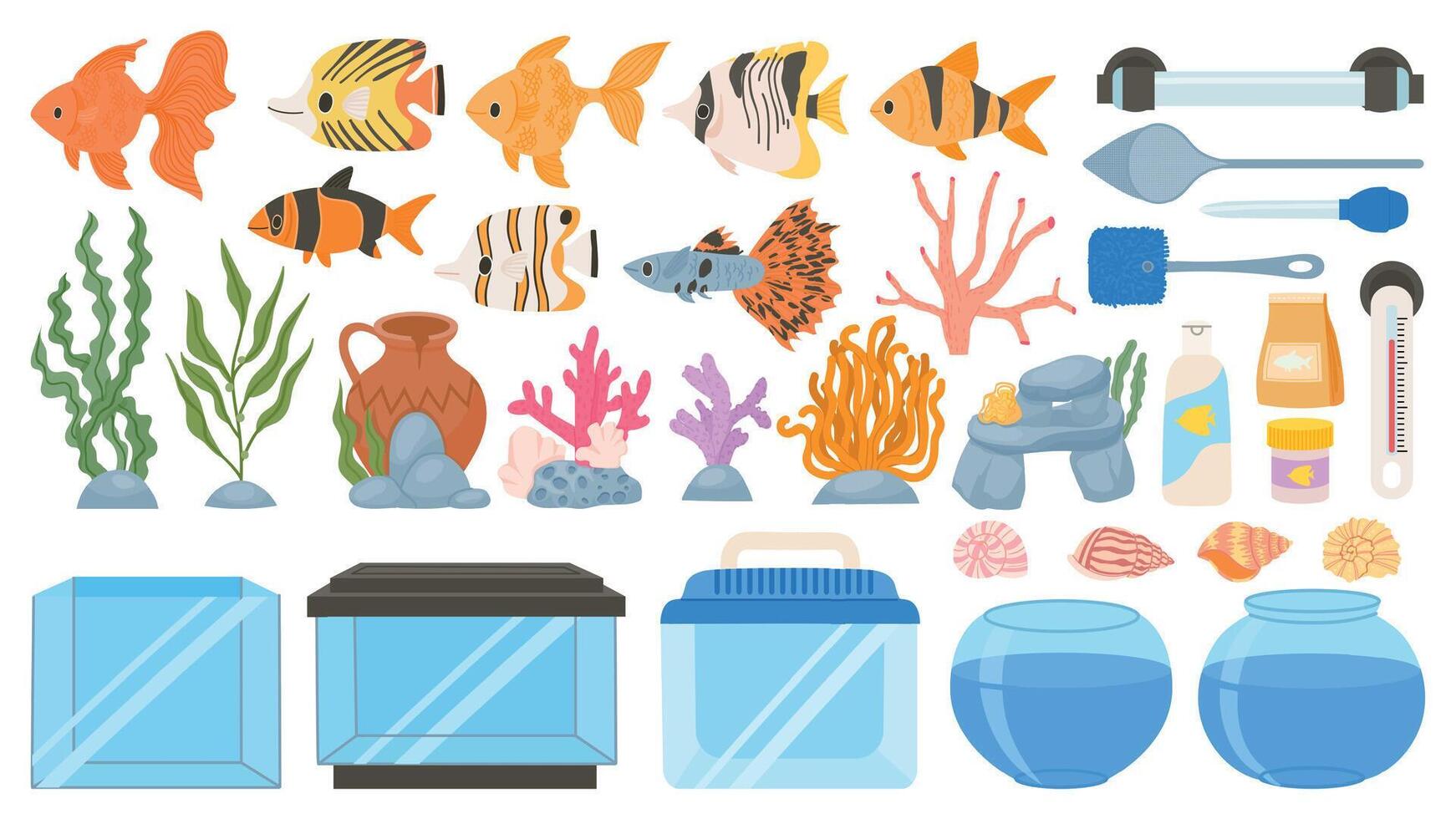 dessin animé aquarium poisson, nourriture, décoration, réservoir, outils et équipement. sous-marin algues, coraux et coquillages. aquarium accessoire vecteur ensemble