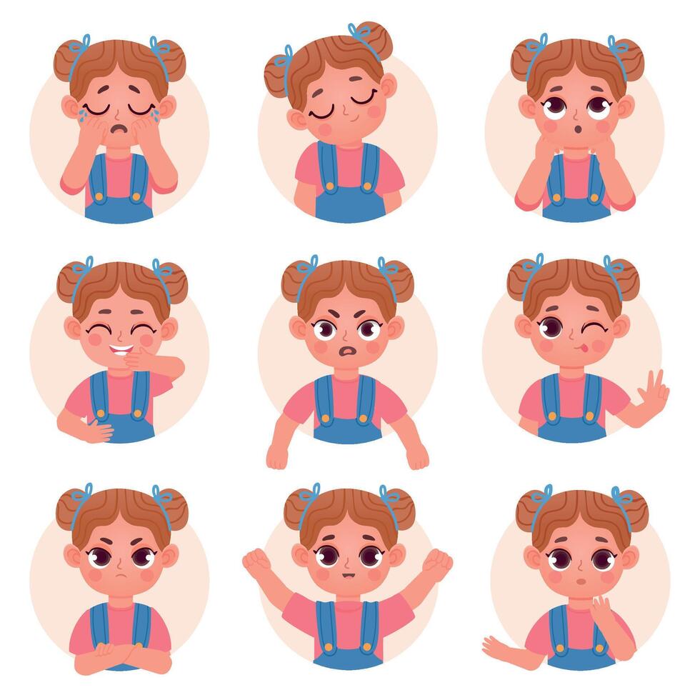 mignonne enfant fille avatar faciale émotions et sentiments. peu enfant visage emoji avec en colère, triste, content, choc et question expression vecteur ensemble