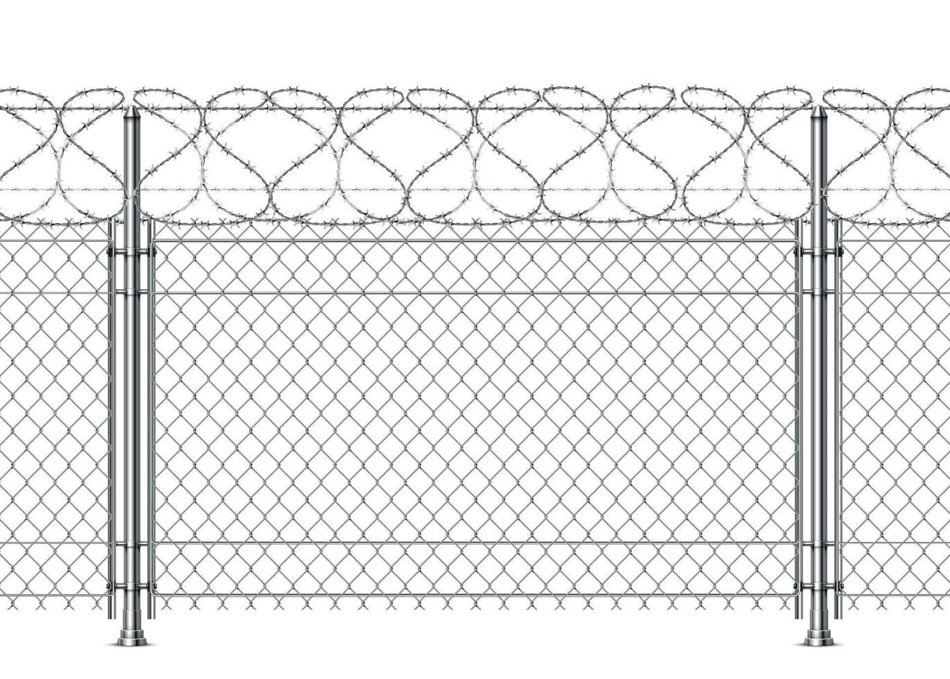 réaliste prison mur, chaîne clôture avec barbillon fil. 3d métal frontière Sécurité engrener avec fil de fer barbelé. guerre barrière construction vecteur Contexte
