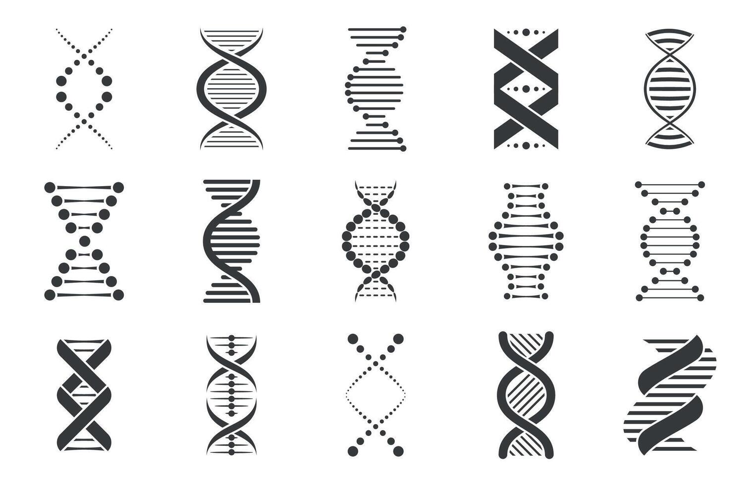 noir ADN Icônes. biotechnologie et moléculaire la biologie abstrait symboles, spirale génétique molécule séquence code pour pharmacie et soins de santé. vecteur ensemble